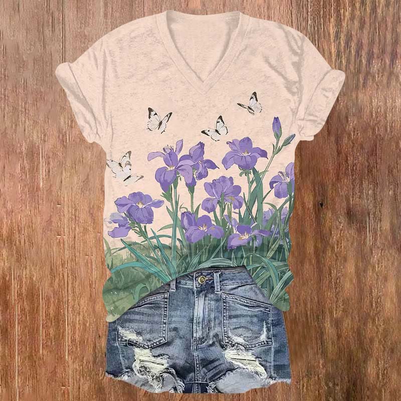 Watercolor Butterfly Flying Upon Morning Glory Print V-neck T-shirt - Pink - US32-34(5XL) - image 4