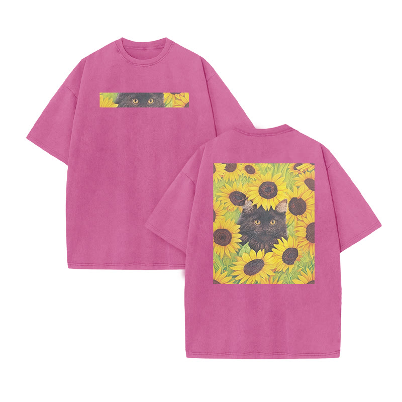 A Black Cat Hidden Among Clusters Of Sunflowers Print Acid Washed T-shirt - Pink - US20-22(3XL) - image 9