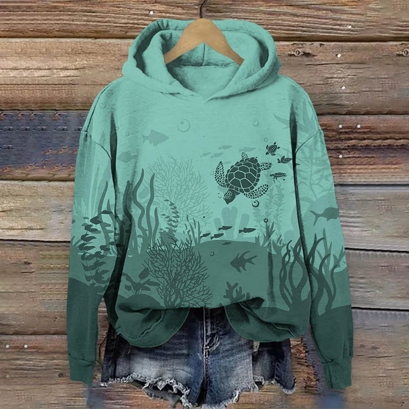 Vintage Underwater Sea Turtle & Fish Art Print Long Sleeve Hoodie - Green - US44-46(8XL) - image 2