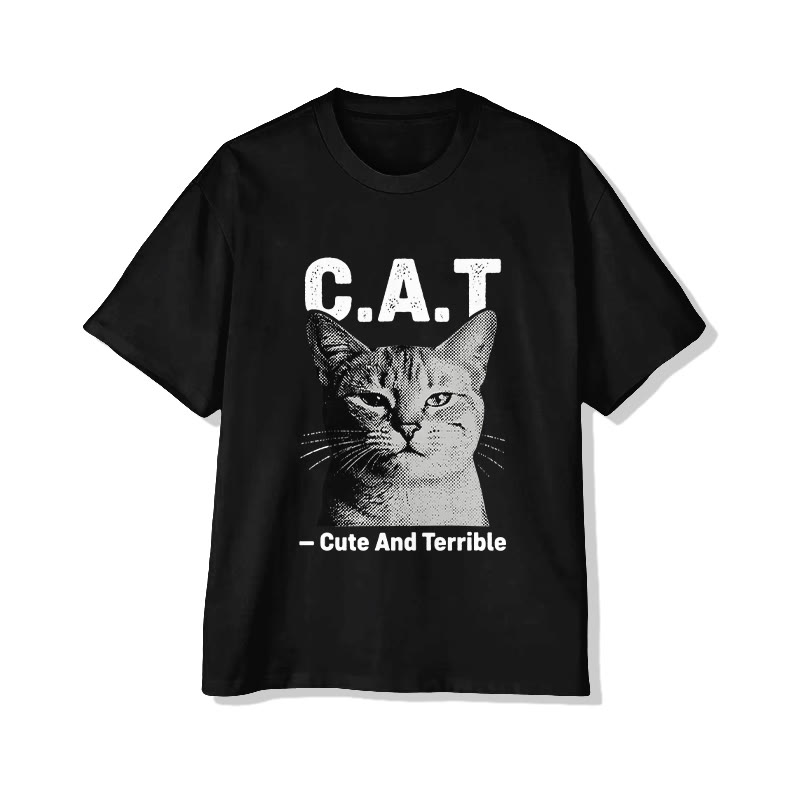 Unisex C.A.T Cute And Terrible Print Short Sleeved Crew Neck T-shirt - Black - 2XL - image 3