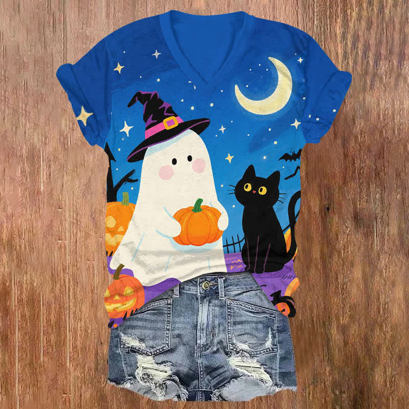 Halloween Night Wizard Ghost With Pumpkin & Black Cat Art Print V-neck T-shirt - Blue - US32-34(5XL) - image 3