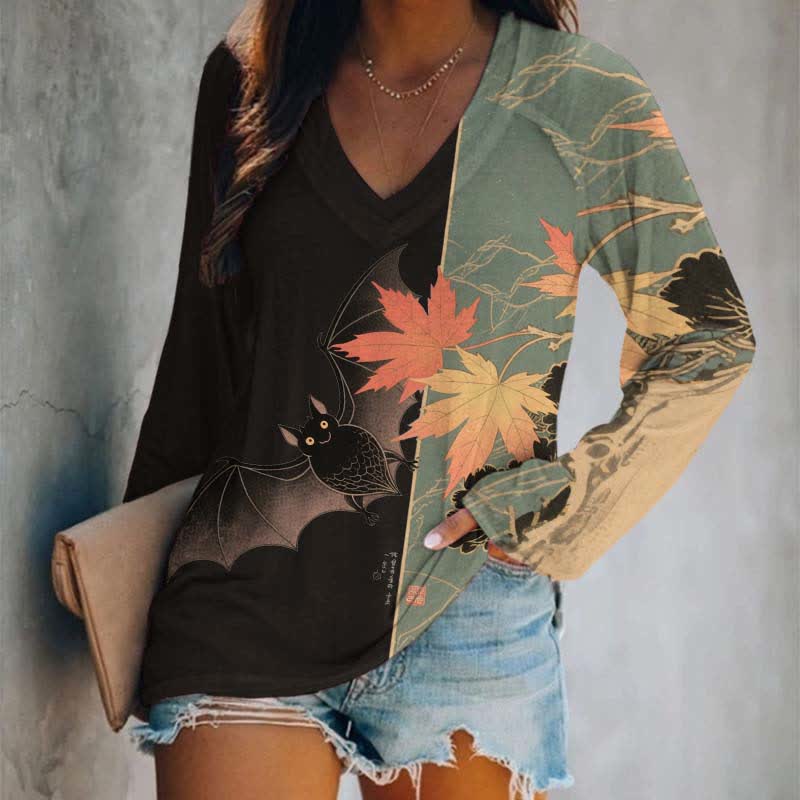 Halloween Cute Bat & Maple Leaf Art Print Long Sleeve T-shirt - Black - 5XL - image 3