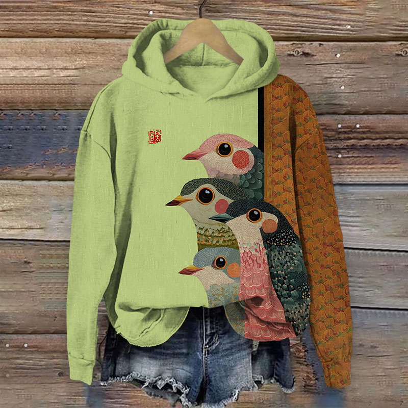 Japanese Retro Rainbow Birds Pattern Print Long Sleeved Hoodie - Mint - US44-46(8XL) - image 5