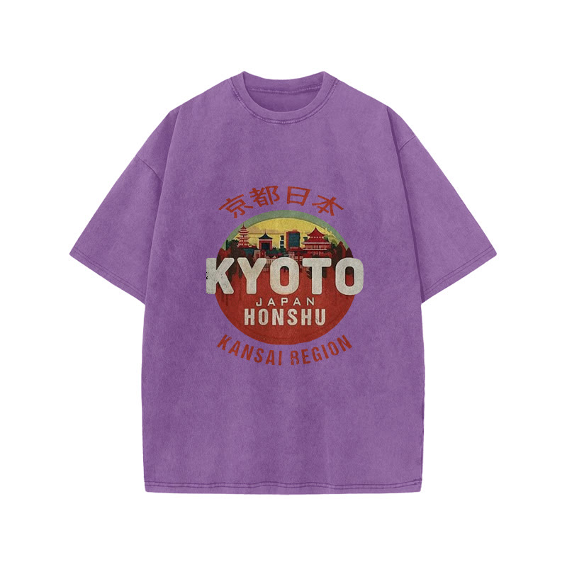 Unisex 100% Cotton Kyoto Japan Honshu Kansai Region Vintage Print Acid Washed T-shirt - Purple - 3XL - image 8