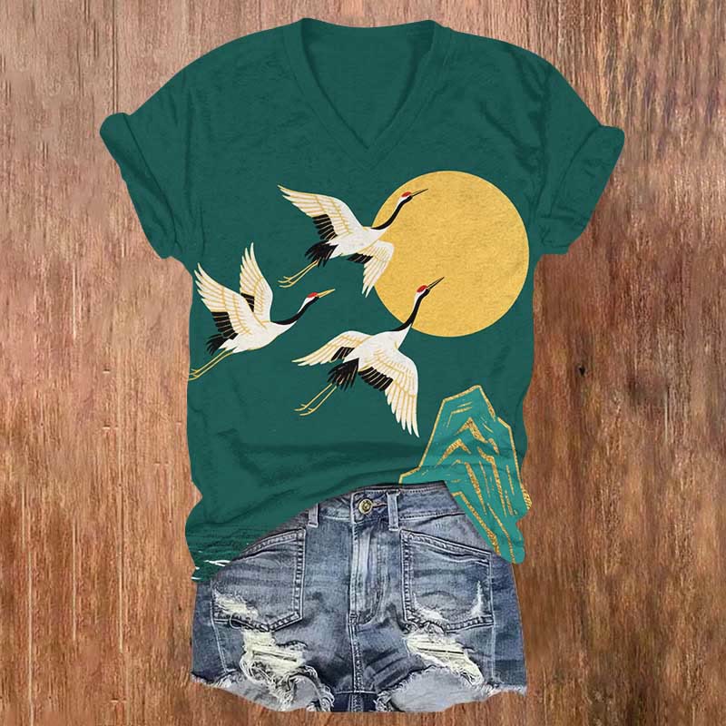 Japanese Cranes Flying Across The Sun Print V-neck T-shirt - Green - US32-34(5XL) - image 2