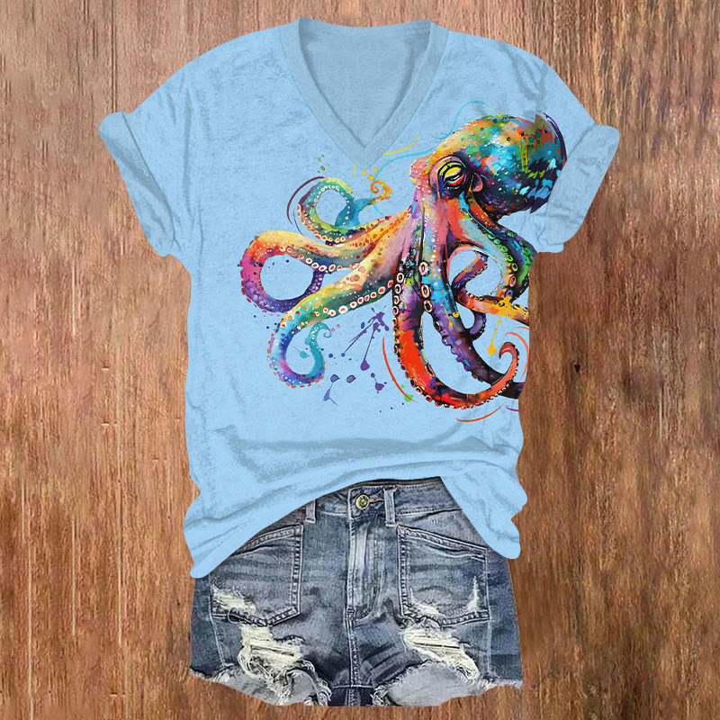 Watercolor Rainbow Octopus Art T-shirt - Blue - US32-34(5XL) - image 2
