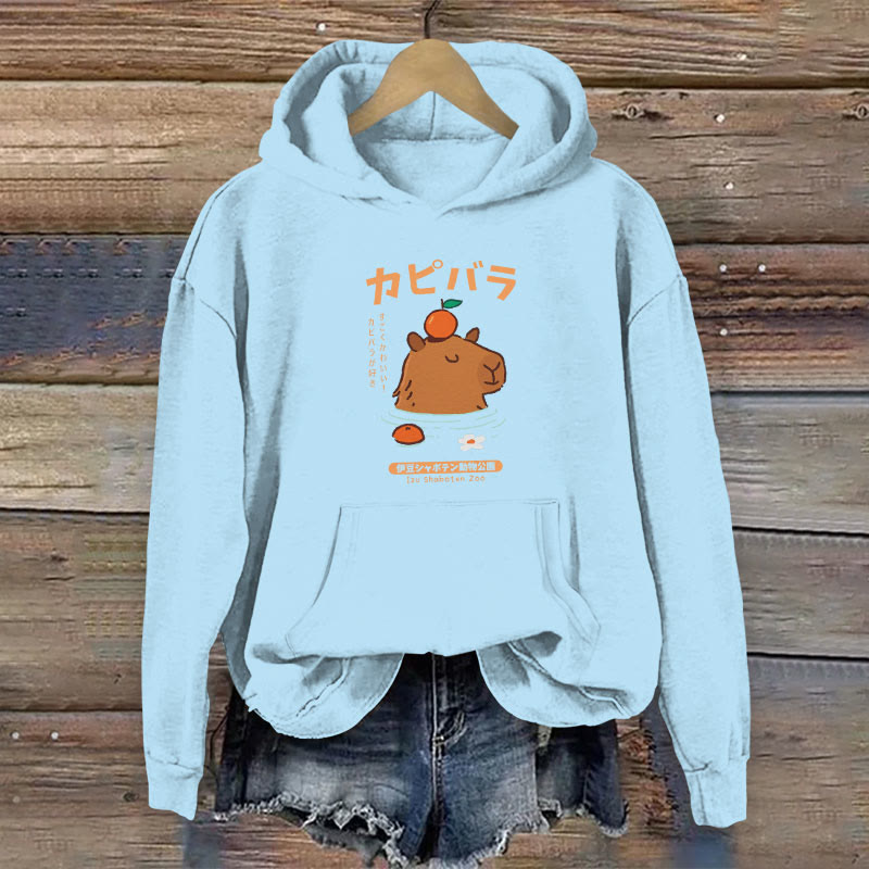 100% Cotton Cute Capybara With Orange Japanese Art Print Women's Hoodie - Light Blue - 2XL - image 5