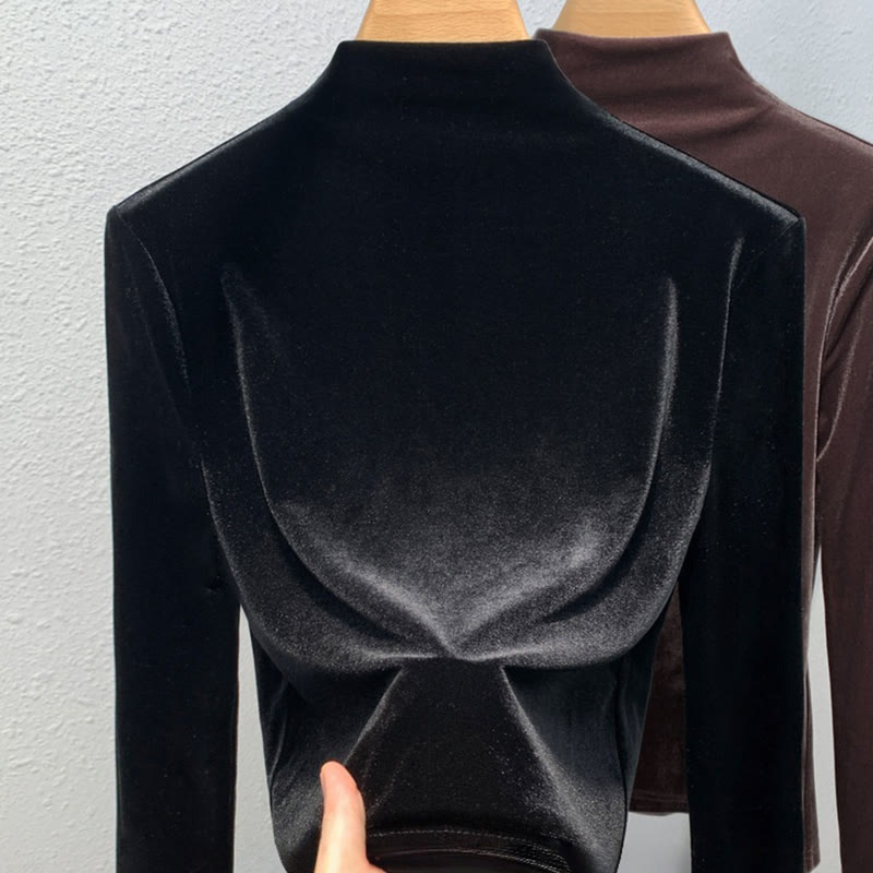 High-neck Solid Color Velvet Long-sleeved T-shirt - image 4