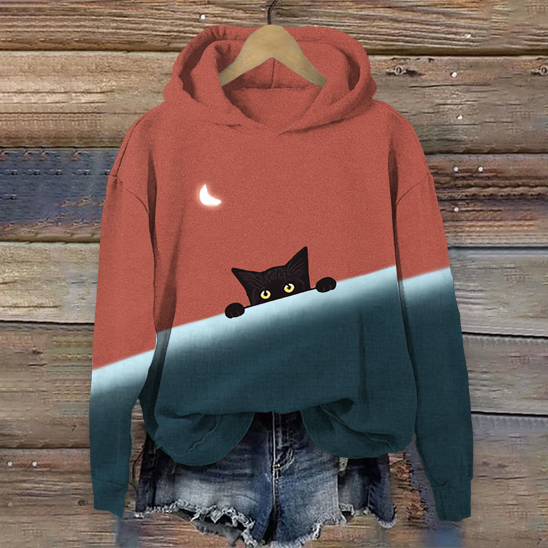Black Cat Colorblock Art Print Long Sleeve Hoodie - Red - 8XL - image 4