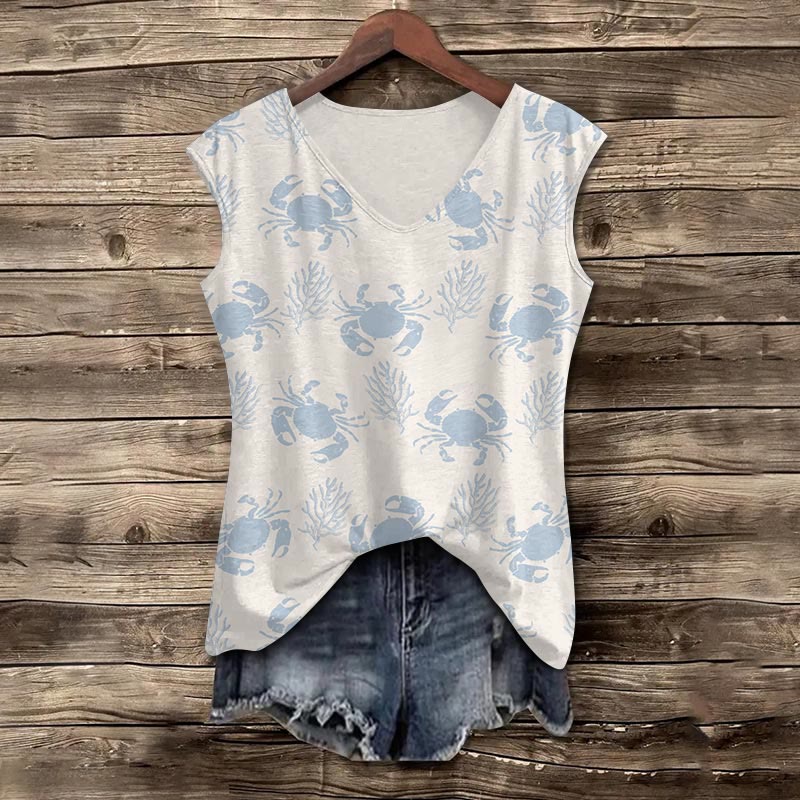 Lovely Crab & Sea Weed Print V-neck Tank Top - Light Blue - 5XL - image 2