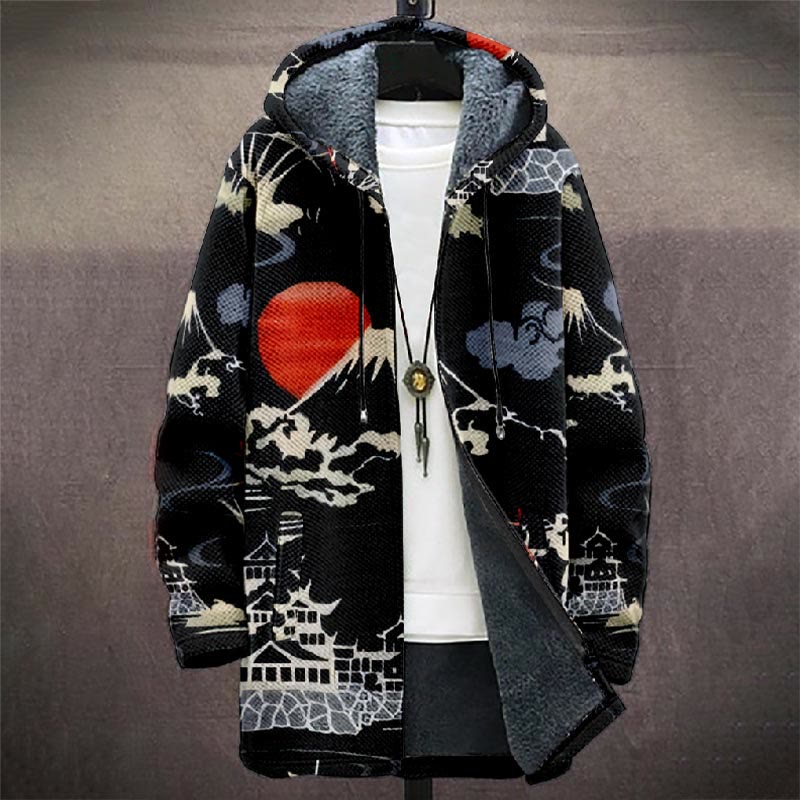 Japanese Moonlight Village Pattern Print Unisex Plush Thick Long-sleeved Fleece Jacket Coat - image 2