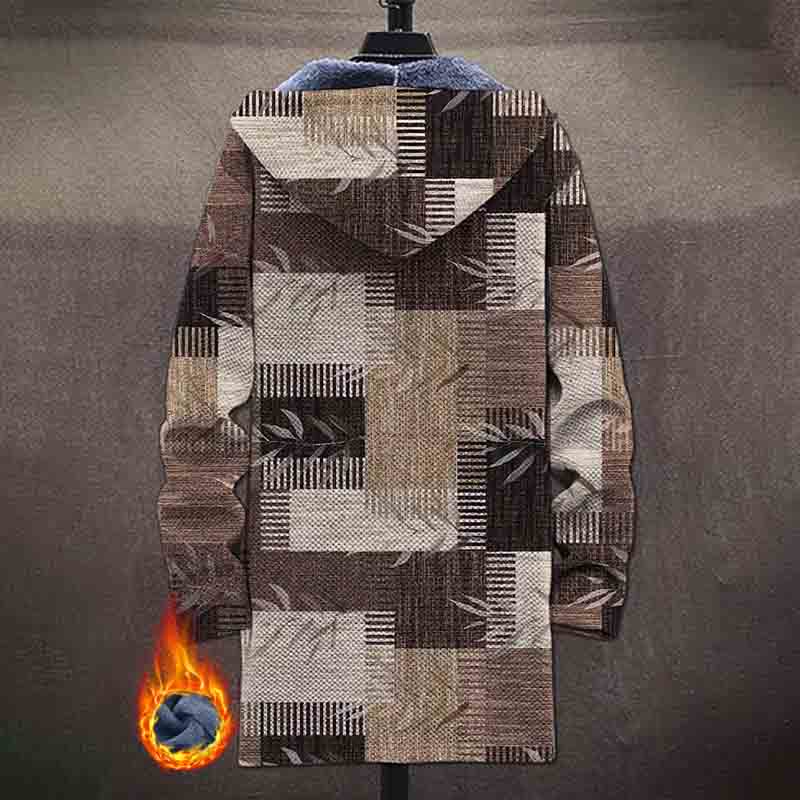 Brown Patchwork Leaves Pattern Print Unisex Plush Thick Long-sleeved Fleece Jacket Coat - image 3