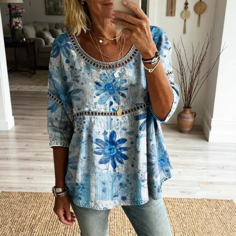 Boho Hippie Floral Print Openwork Lace Splicing Round Neck Half Sleeve Blouse - Blue - 4XL - image 3