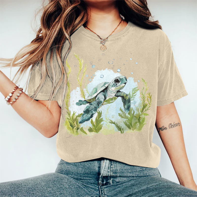 100% Cotton Women's Japanese Bubble Sea Turtle Art Print Casual T-shirt - Khaki - 2XL - image 2