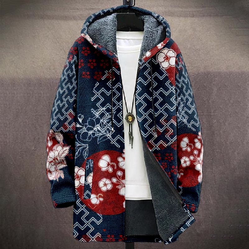 Japanese Geometric Sakura Art Print Unisex Plush Thick Long-sleeved Fleece Jacket Coat - image 2