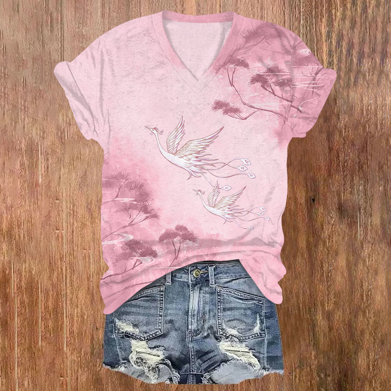 Phoenix & Flower Print V-neck T-shirt - Pink - US32-34(5XL) - image 2