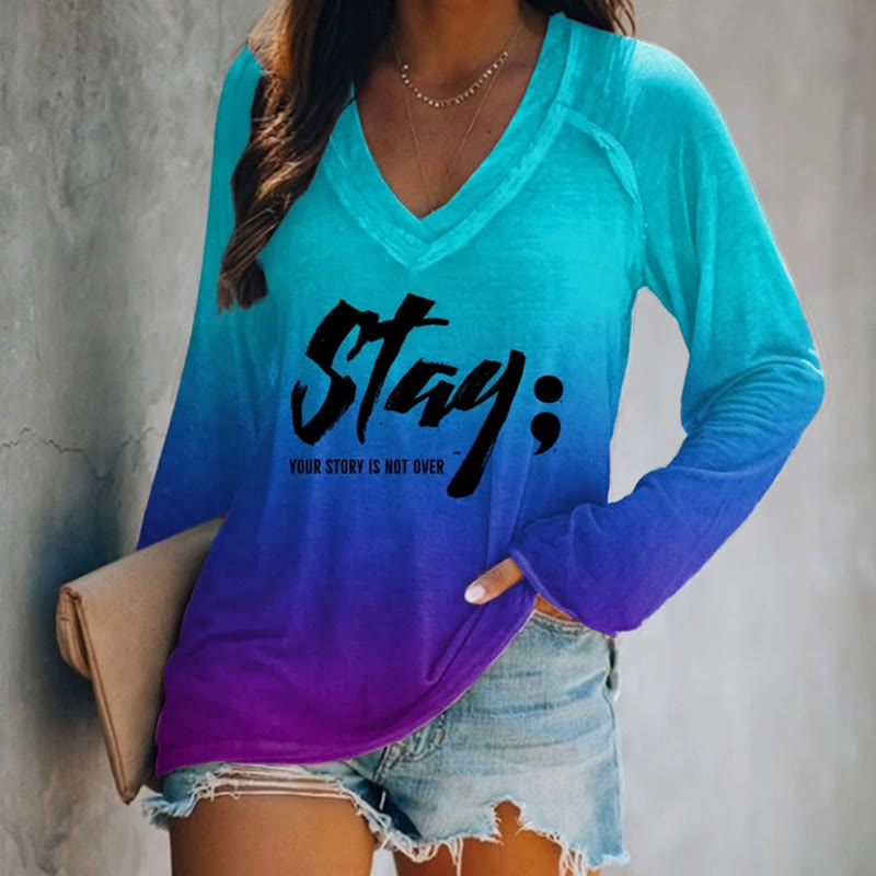 Women's Stay Your Story Is Not Over Mental Health Print Long Sleeve T-shirt - Blue - 5XL - image 3
