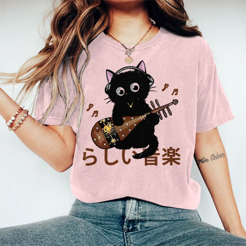 100% Cotton Women's Japanese Black Cat Playing Guitar Art Print Casual T-shirt - Pink - 2XL - image 2