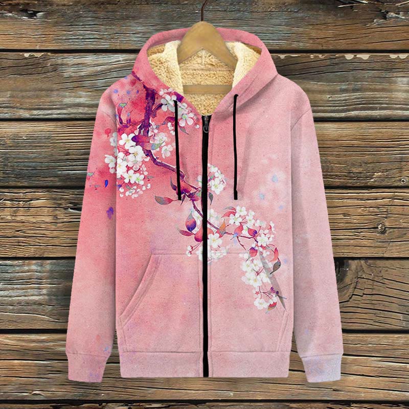 Japanese Antique Pear Blossom Ink Painting Print Fleece Jacket - Pink - 4XL - image 4