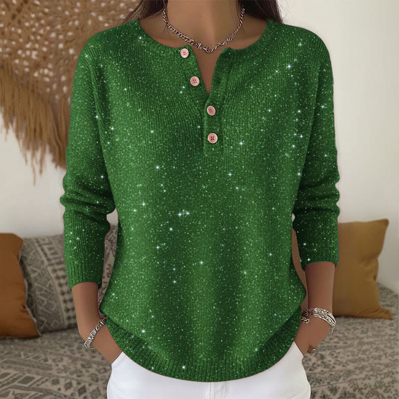 Women's Shiny Christmas Henley Collar Button Sweater - Green - 5XL - image 3