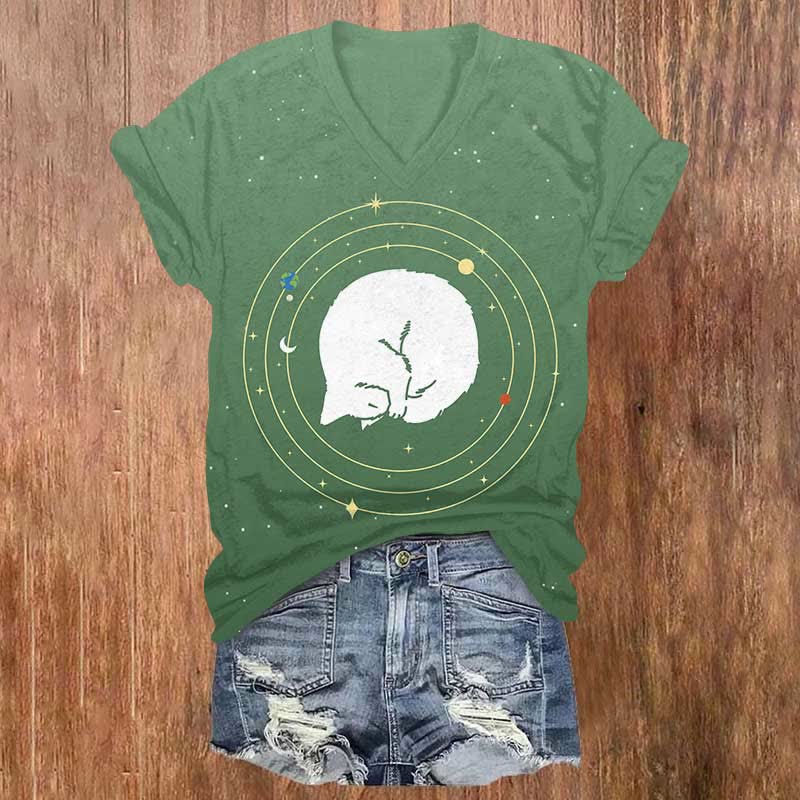 Vintage Planet Sleeping Cat Print V-neck T-shirt - Ombre Green - US32-34(5XL) - image 7