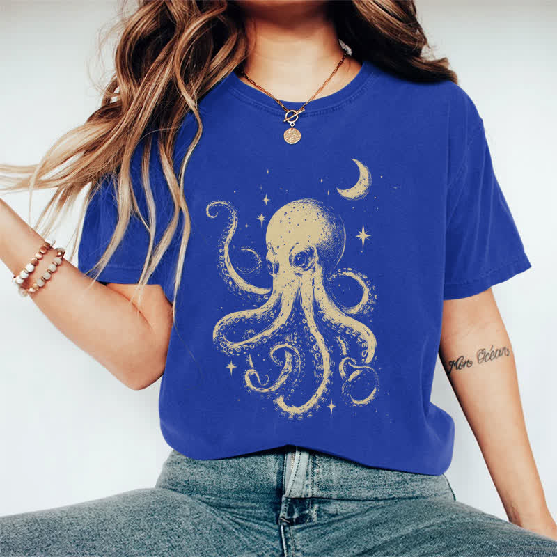 100% Cotton Japanese Watercolor Star & Moon Octopus Art T-shirt - Royal Blue - 2XL - image 2