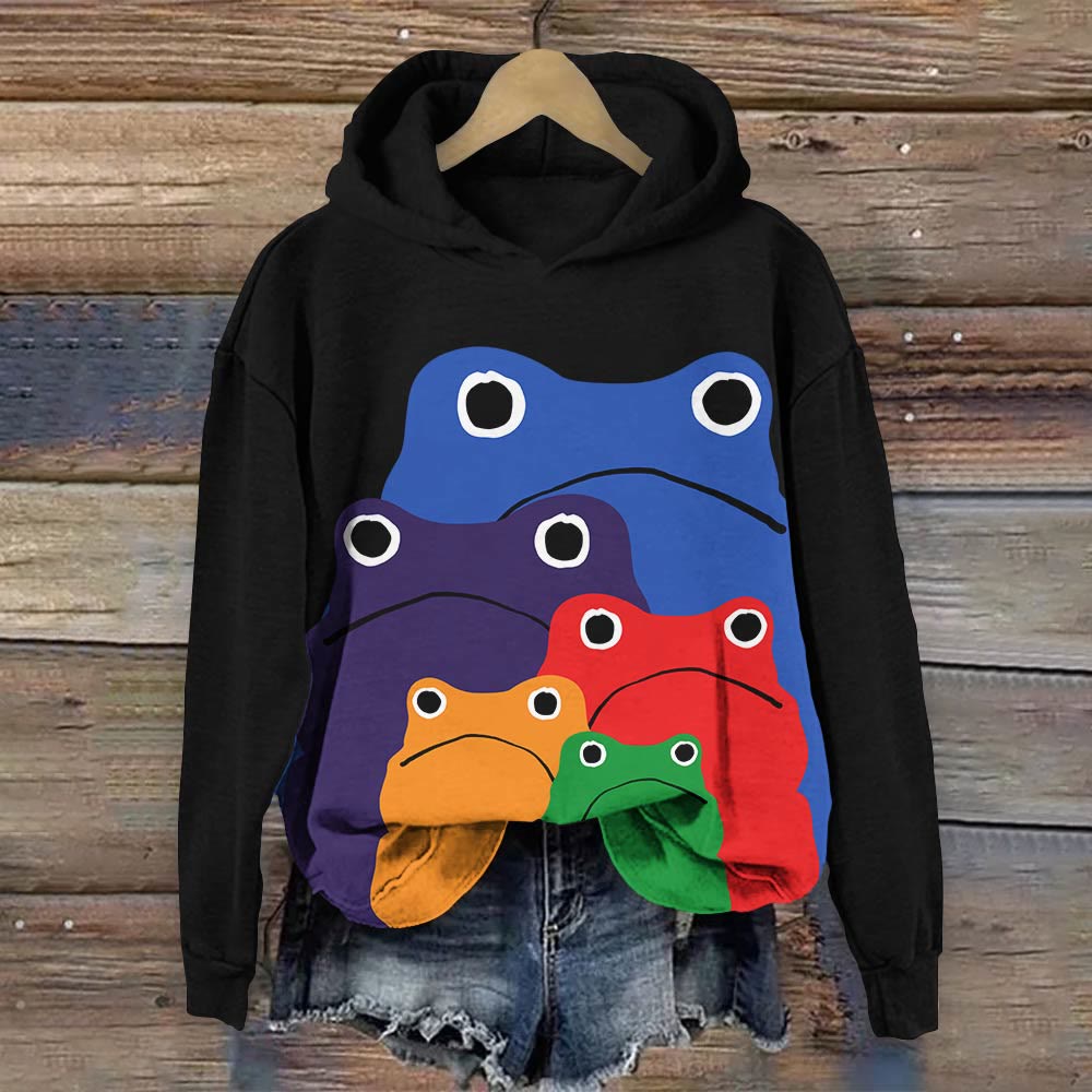 Cascading Rainbow Japanese Frog Print Long Sleeve Hoodie - Black - US44-46(8XL) - image 3