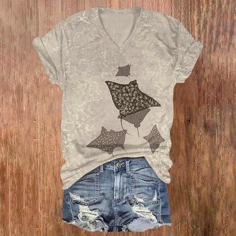 Unique Ocean Manta Ray Art Print V-neck T-shirt - Khaki - US32-34(5XL) - image 4