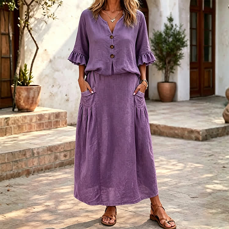 Solid Button V-neck Ruffle Sleeves Blouse & Solid Pocket Skirt Set - Purple - 4XL - image 9