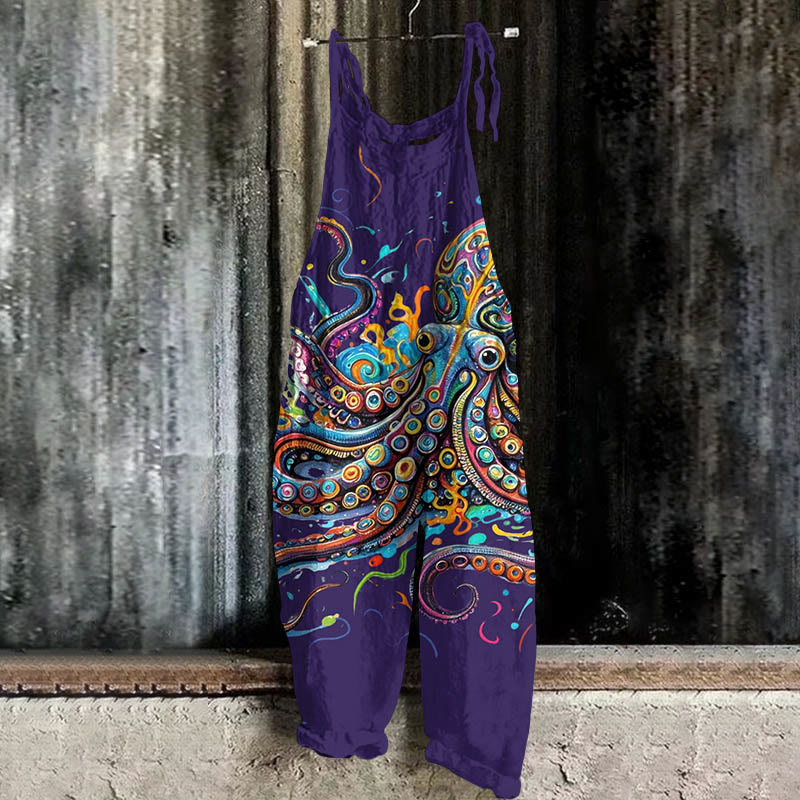 Vintage Rainbow Octopus Art Print Casual Jumpsuit  - Royal Blue - 5XL - image 6