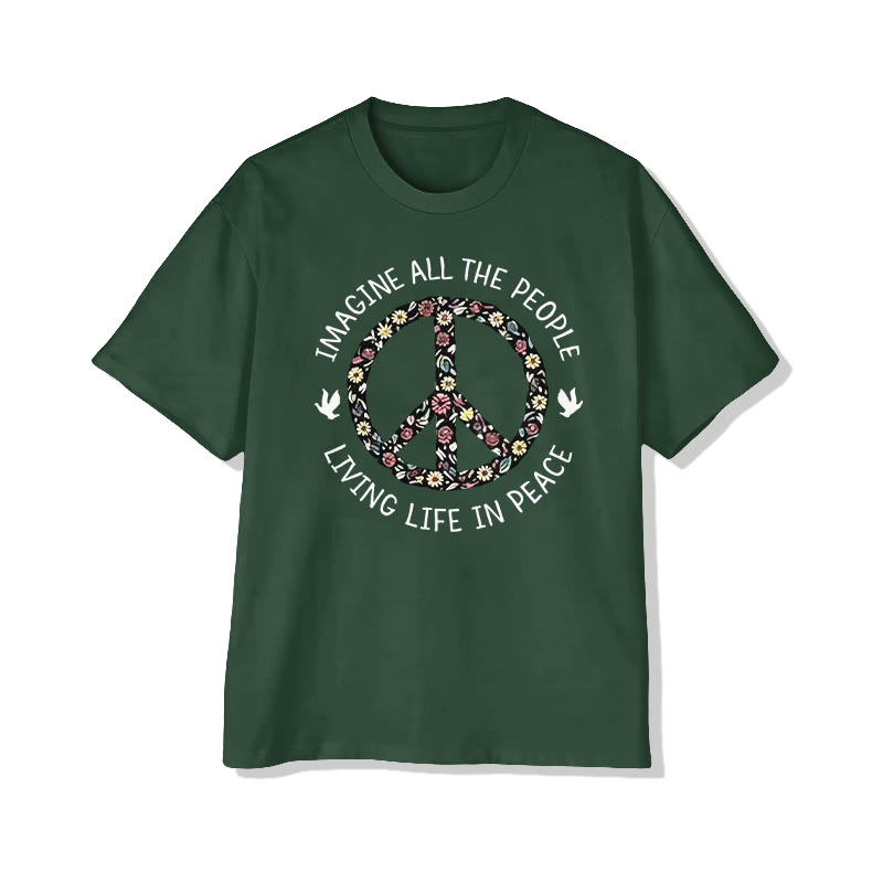 Unisex Imagine All The People Living Life In Peace Pattern Cotton Print T-shirt - Green - US20-22(3XL) - image 9