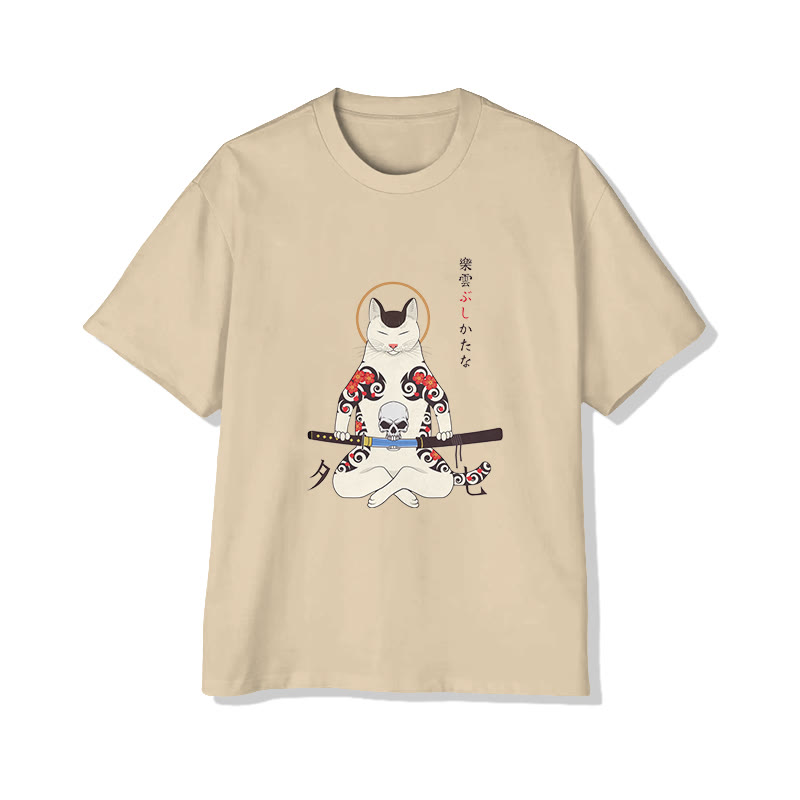 Unisex Japanese Samurai Cat Short Sleeve Crew Neck T-shirt - Apricot - 2XL - image 3