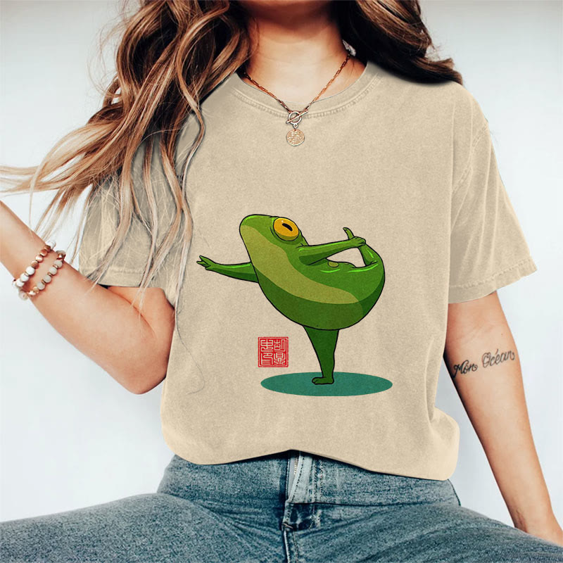 100% Cotton Funny Frog Yoga Art Print Casual T-shirt - Apricot - 2XL - image 3