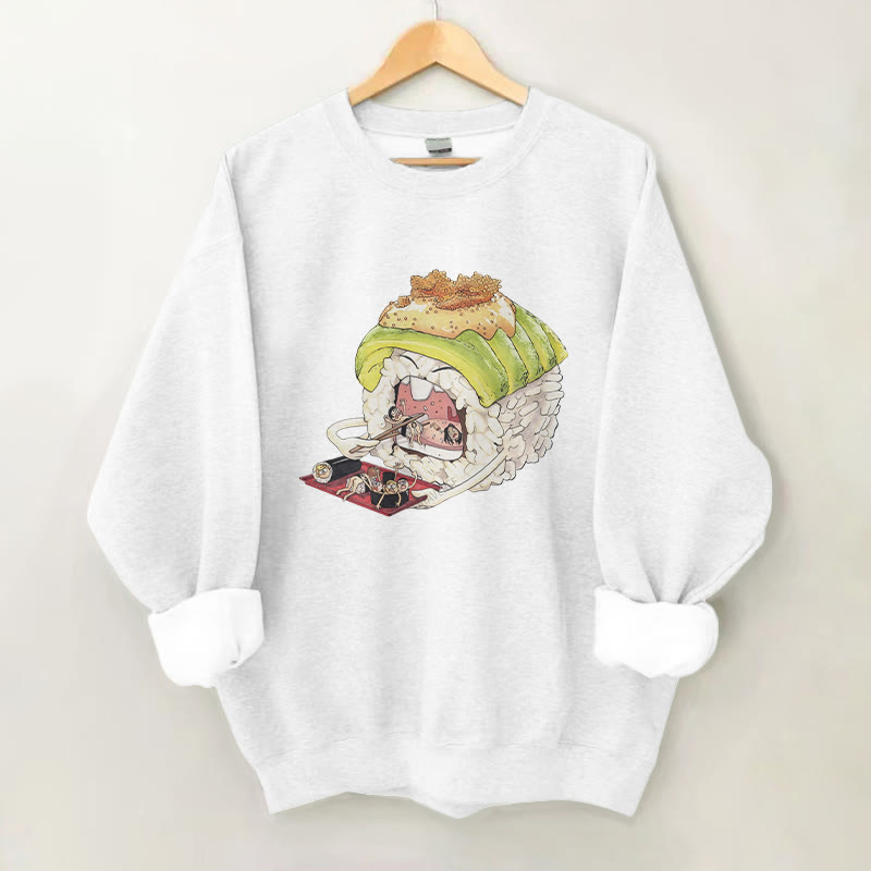100% Cotton Creative Sushi Eating Print Round Neck Casual Fleece Sweatshirt - White - 2XL - image 3