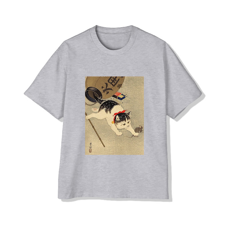 Unisex Japanese  Ukiyo-e Style Cat Catching A Mouse  Art Pattern Cotton Print T-shirt - Grey - US20-22(3XL) - image 4