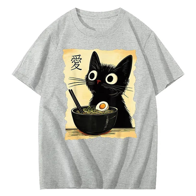 Unisex Funny Cat Eating Ramen Print Short Sleeved Crew Neck T-Shirt - Grey - 2XL - image 4
