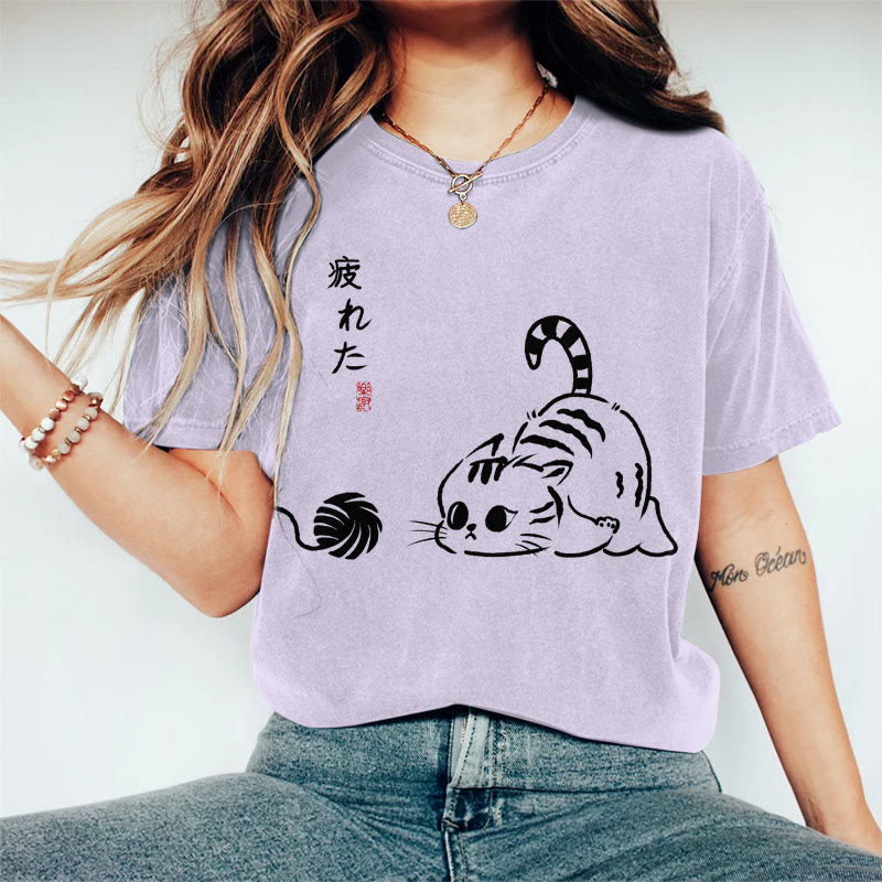 100% Cotton Women's Japanese Tired Playing Cat Art Print Casual T-shirt - Purple - 2XL - image 3