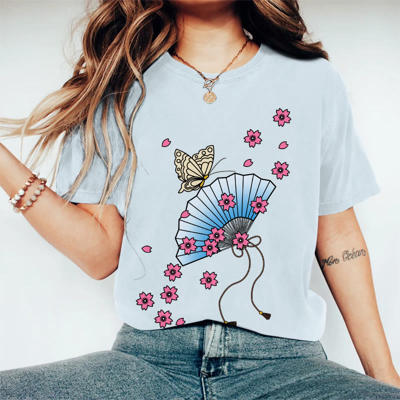 100% Cotton Women's Japanese Style Butterfly Floral Fan Art Print Casual T-shirt - Blue - 2XL - image 5