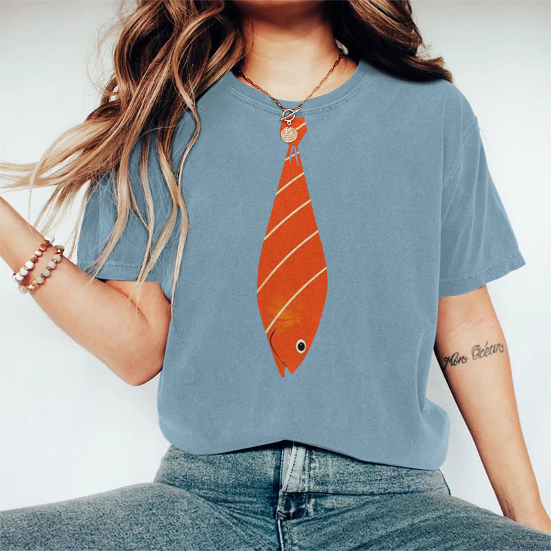 Creative Salmon Tie Art Print Round Neck T-shirt - Light Blue - 8XL - image 2