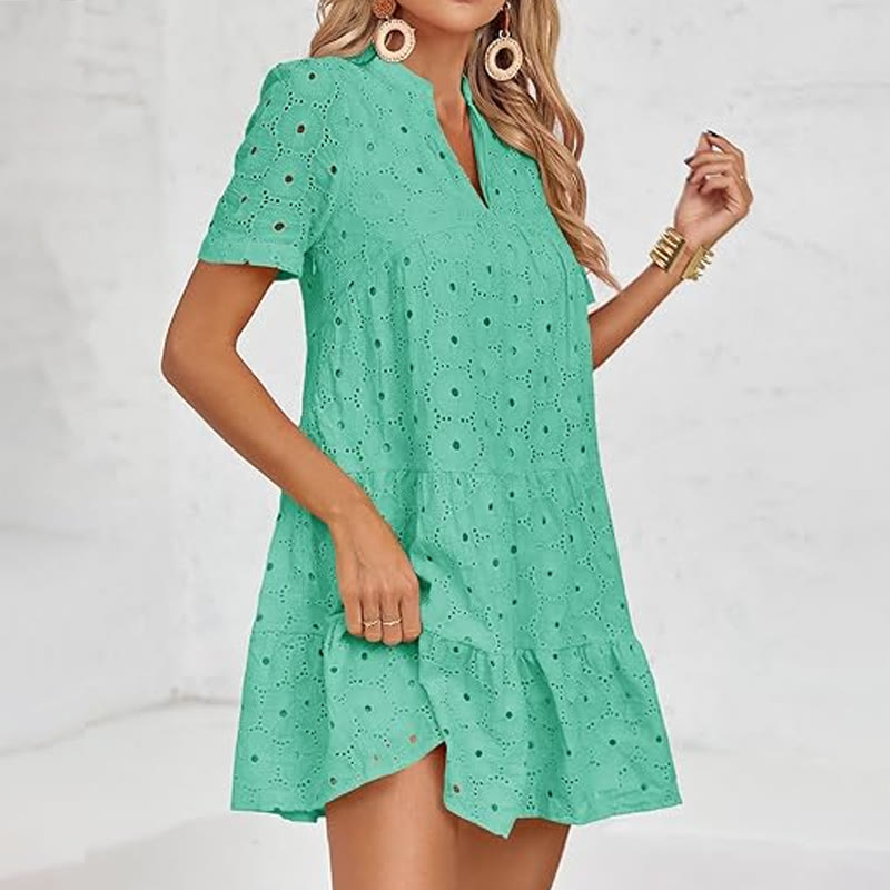 Elegant Openwork Lace Short-sleeve Babydoll Dress - Green - 2XL - image 6