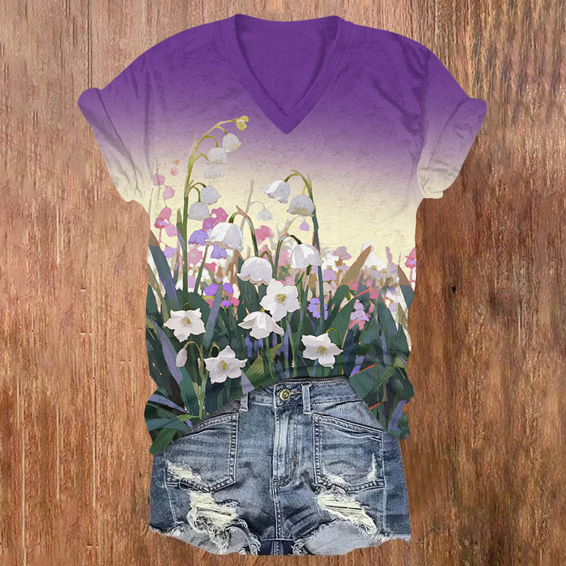 Ombre Campanula Blossom Art Print V-neck T-shirt - Purple - US32-34(5XL) - image 3