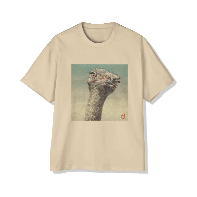 Unisex Ostrich Portrait Art Print Short Sleeved Crew Neck T-Shirt - Apricot - 2XL - image 4