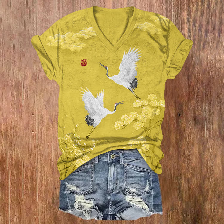 Vintage Ancient Painting Of A Crane Pattern Print Short Sleeved V-Neck T-Shirt - Yellow - US32-34(5XL) - image 5