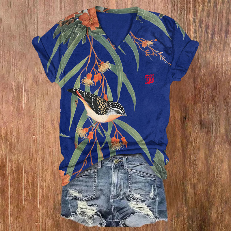 Japanese Vintage Little Bird Pattern Print Short Sleeved V-Neck T-Shirt - Blue - US32-34(5XL) - image 5