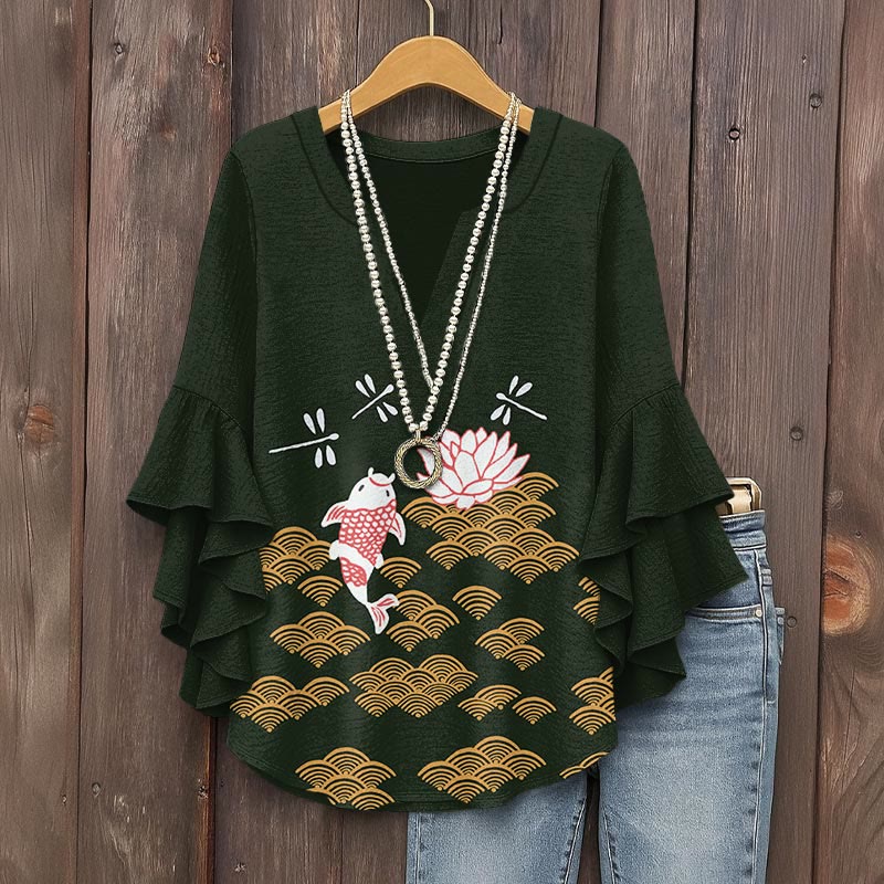 Japanese Style Koi Fish Dragonfly Wave Art Print V-neck Half Sleeve Blouse - Dark Green - 5XL - image 3