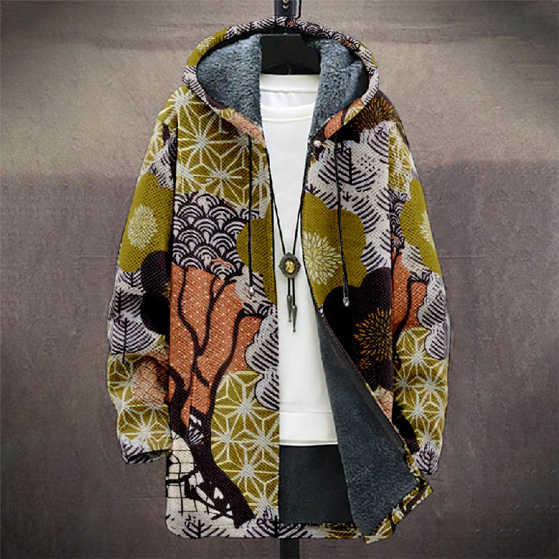 Retro Japanese Geometic Floral Pattern Print Unisex Plush Thick Long-sleeved Fleece Jacket Coat - image 2