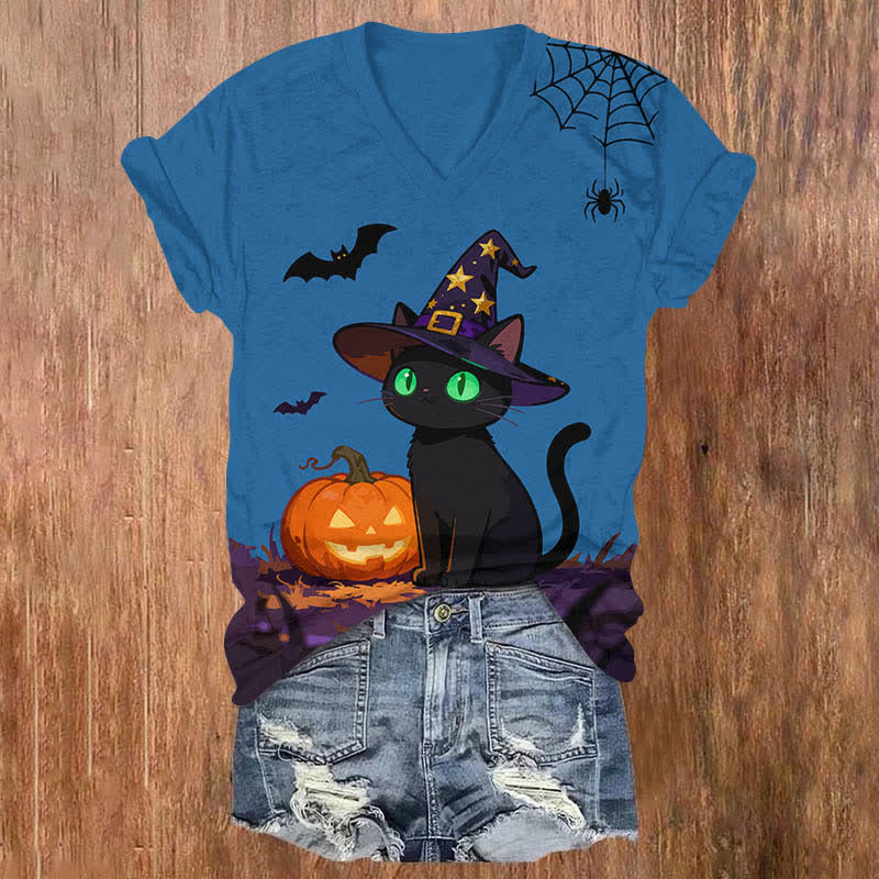 Halloween Wizard Black Cat & Pumpkin Print V-neck T-shirt - Blue - US32-34(5XL) - image 4