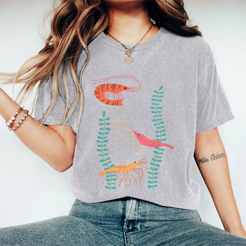 100% Cotton Women's Japanese Creative Colored Shrimps Art Print Casual T-shirt - Grey - 2XL - image 4