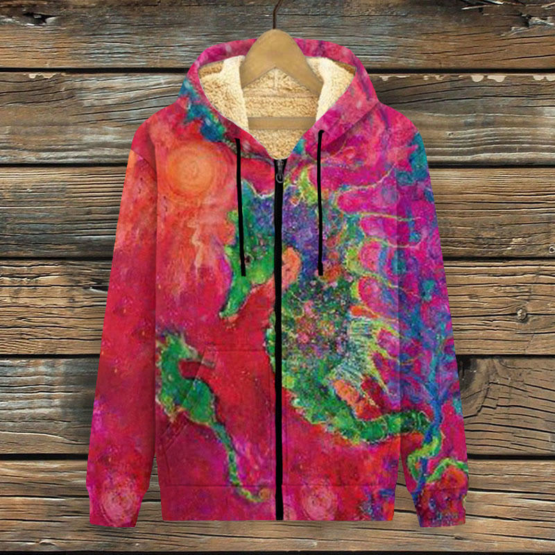 Contrast Color Seahorse Oil Painting Print Fleece Jacket - Rose - 4XL - image 1