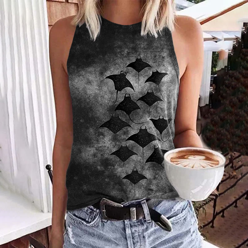 Vintage Manta Ray Art Print Crew Neck Tank Top - Dark Grey - 5XL - image 5